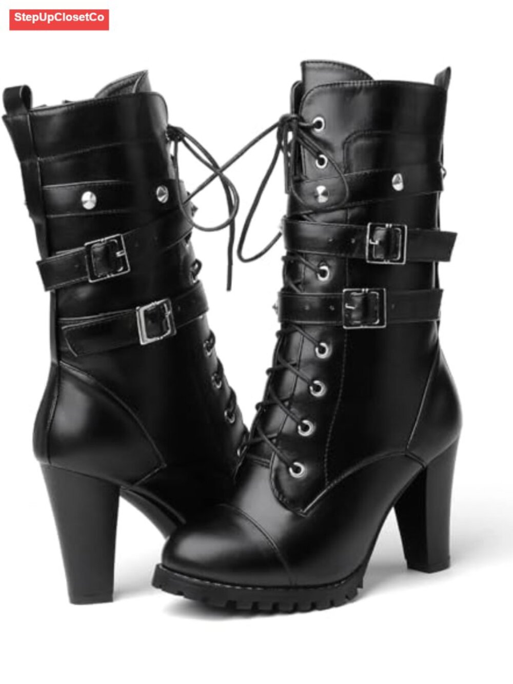 Women's Platform High Heel Boots Chunky Round Toe Lace Up Mid Calf